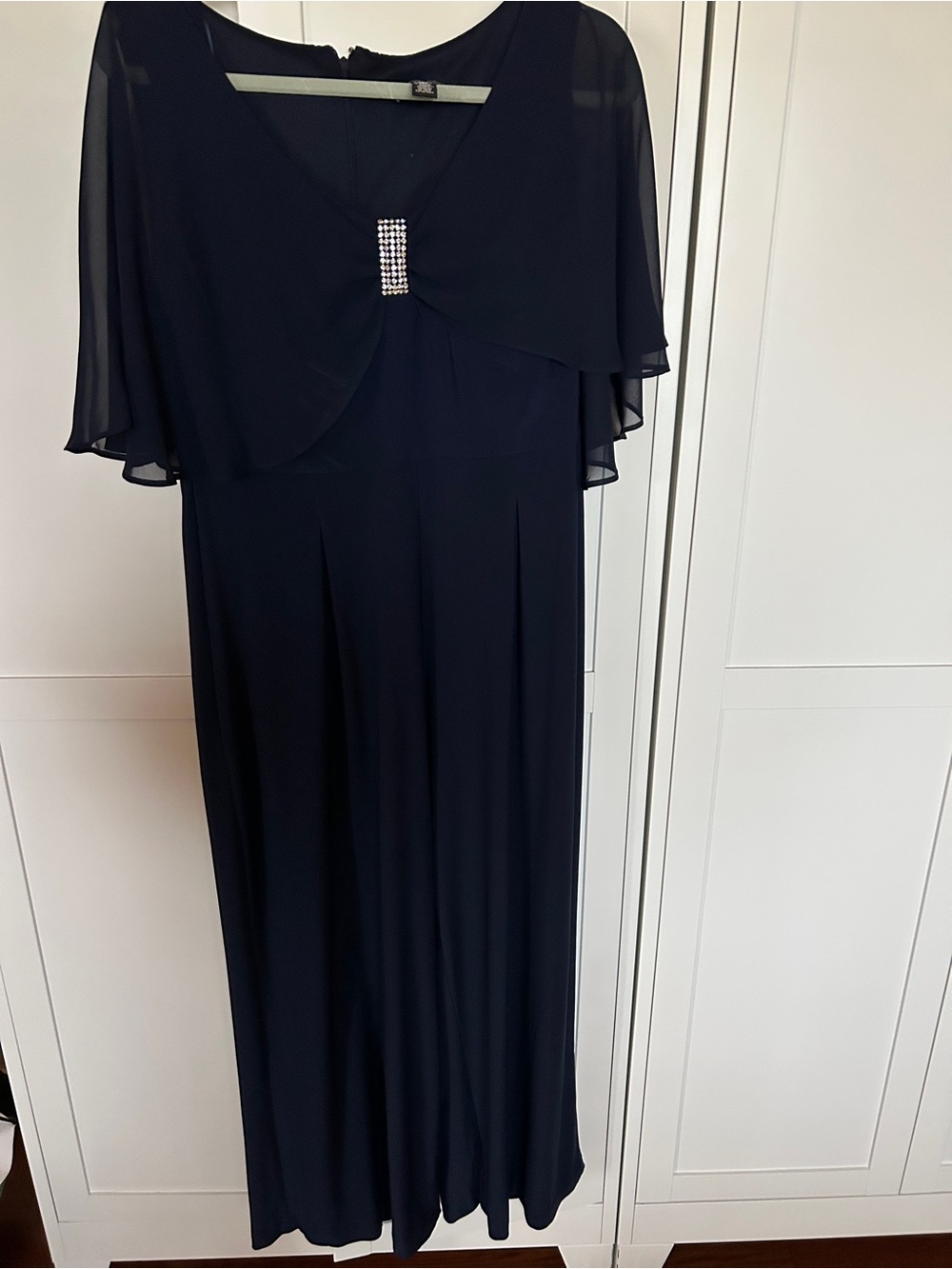 Elegant navyEvening jumpsuit with Sheer Capelet